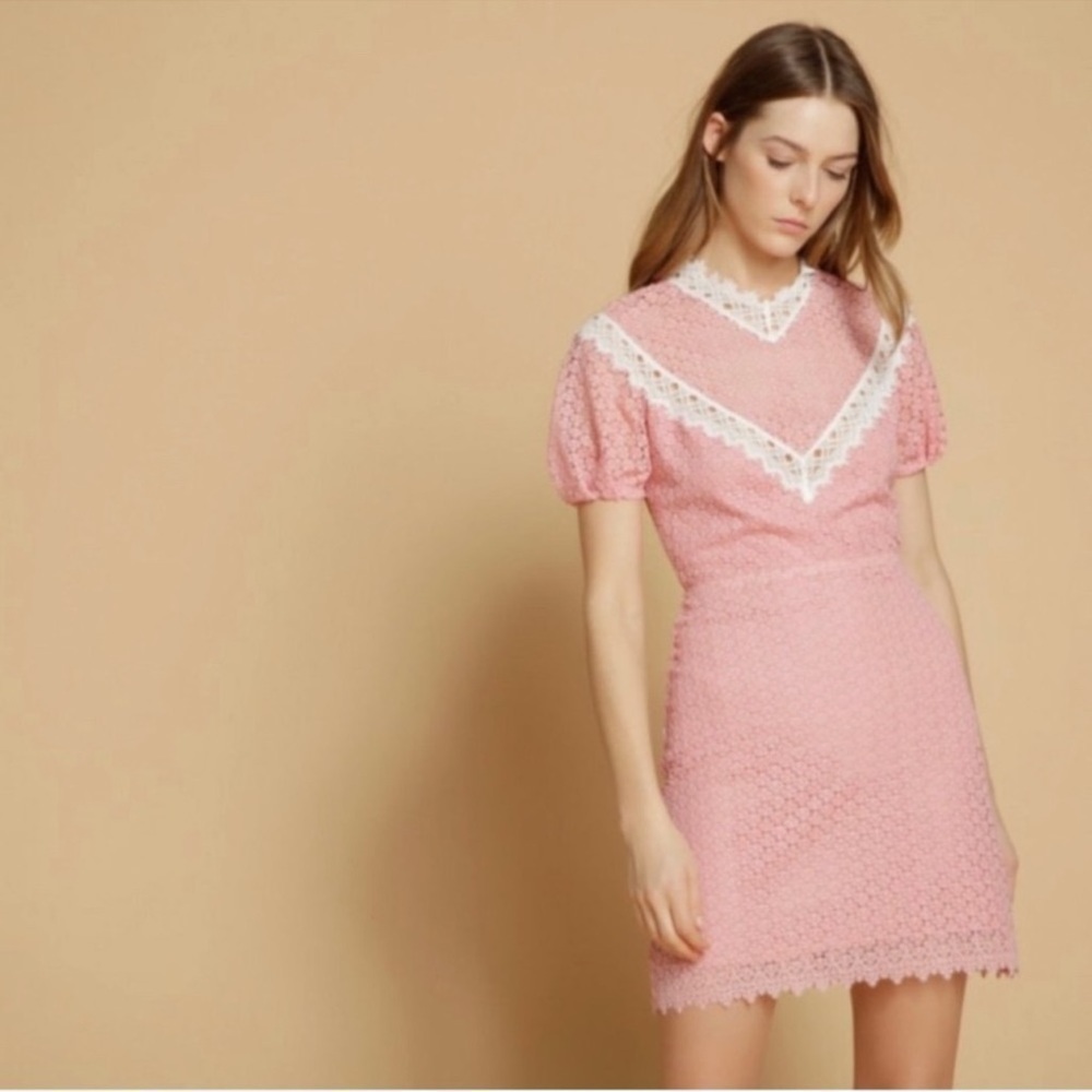 Sandro Pink White Lace Barbiecore Puff Sleeve Mini Dress size 38/US 6
